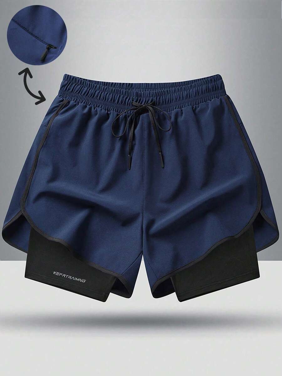 Men's Drawstring Waist Casual Sports Shorts, Fashionable 2 In 1 Design, Suitable For Spring/Summer Hiking, Cycling, Basketball, Running, And Indoor Winter Sports - Navy Blue - View 1