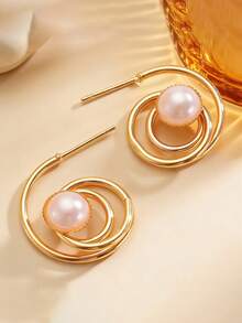 时尚简约镂空圆环珍珠耳环，自由复古设计 - 低过敏性，手工制作，个性耳环，母亲节礼物 - 彩色 - 查看 8