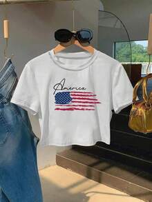 Women'S Sexy Slim Fit American Flag T-Shirt - Patriotic USA Graphic Tee In Green With Red & Blue & Stripe Design, Short Sleeve Casual Shirt For Fourth Of July, Independence Day, Everyday Outfits & Themed Events, Comfortable Machine-Washable Fabric - 黑與白 - 查看 6