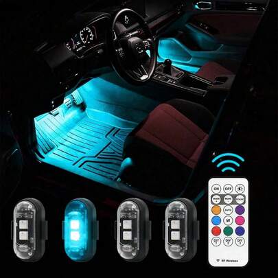 4PCS RGB LED Portable Party Light – Remote Control Wireless, 8 Colors Custom Lighting, Rechargeable Car Footwell Lights, Under Glow Kits Car Mods, Exterior & Interior Decorative Accessories, StrobeLight, Strobe Light Car Goodies Essential Product, Anti-Collision Emergency Flash Warning Light For SUV, Truck, Motorcycle, Bike, Aircraft – Cool Gift, Valentine's Day Gift, Christmas Gift, New Year Gift, Car Lover Gift