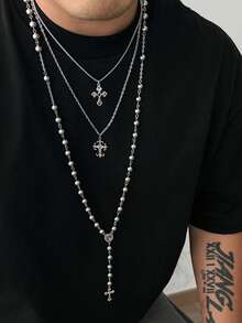 3pcs Punk Cross Beaded Necklace Set, Charming Jewelry For Men - Silver - View 1