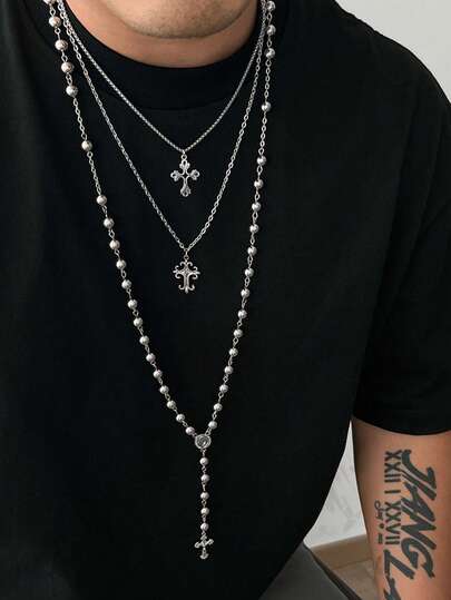 3pcs Punk Cross Beaded Necklace Set, Charming Jewelry For Men