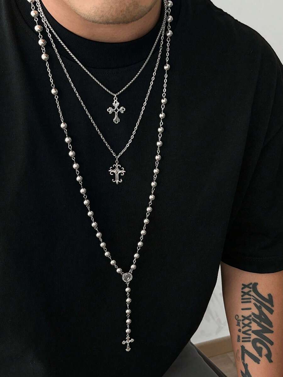 3pcs Punk Cross Beaded Necklace Set, Charming Jewelry For Men - Silver - View 1