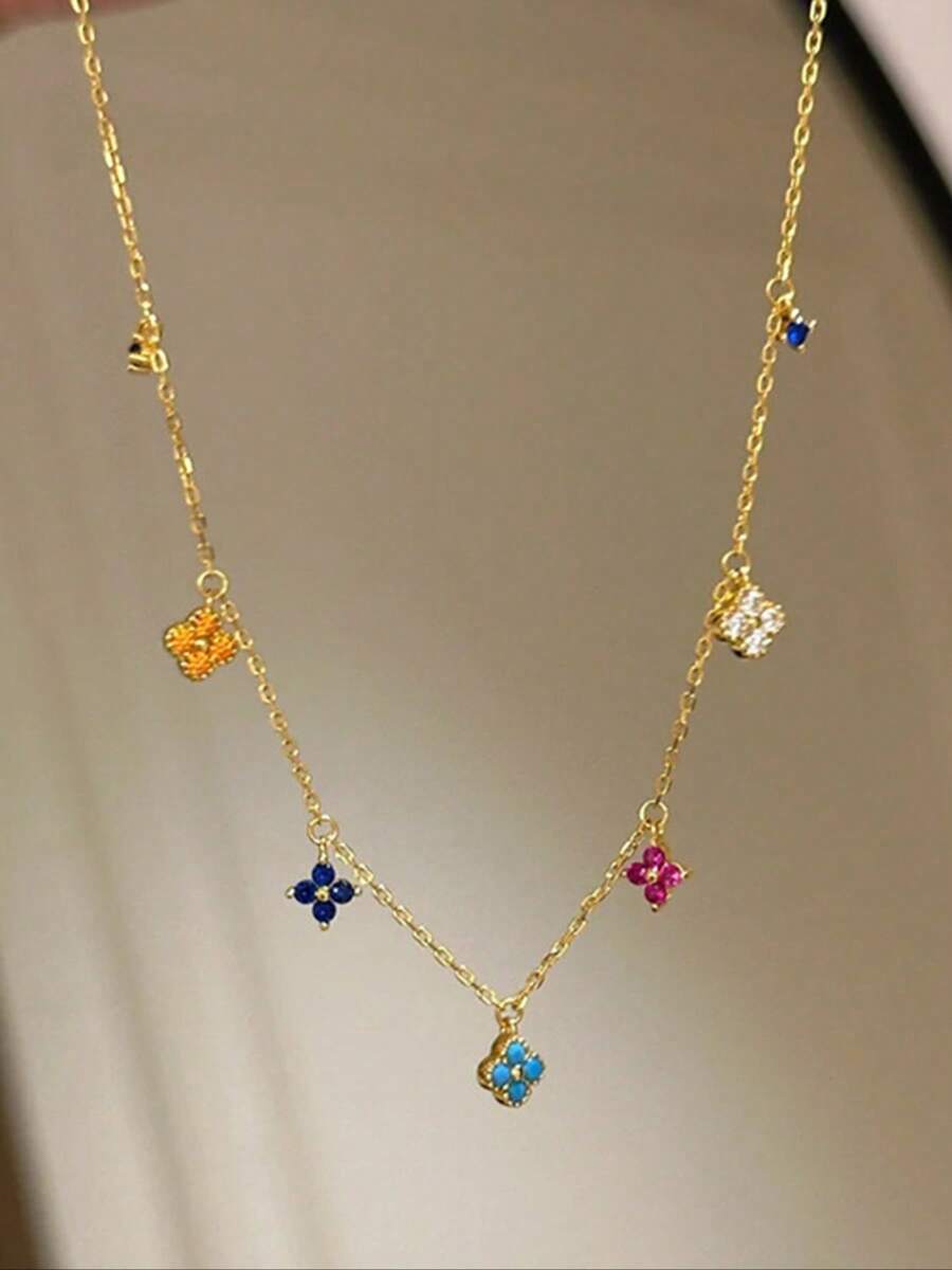 1pc Copper & Glass Delicate Lucky Four-Leaf Clover Flower Necklace, Sweet & Elegant Style For Women - Color - View 1