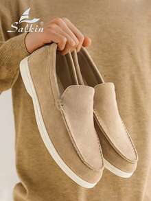 设计师时尚男士莫卡辛鞋，纯色绒面单脚套脚乐福鞋，男士真皮鞋，绅士商务社交鞋，男士日常办公派对婚礼鞋，情侣约会鞋，浪漫晚餐鞋，节日礼物鞋，返校学生休闲鞋，学院风，请选择大一码的尺码。 - 卡其色 - 查看 8