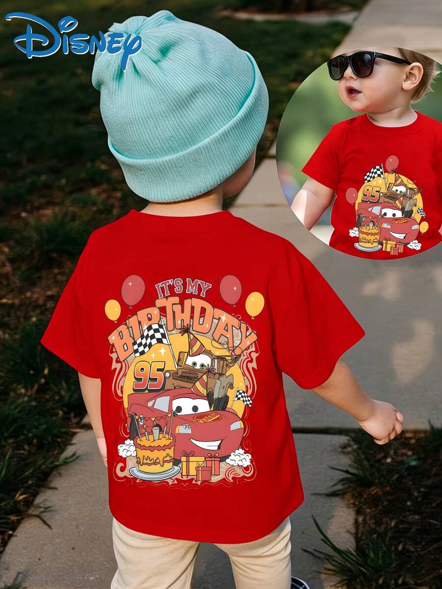 A Casual And Fashionable Short-Sleeved Disney Boys' T-Shirt With A Red Pattern Themed On The Birthday Of Lightning McQueen. Suitable For Daily Wear. - Đỏ - Xem 1