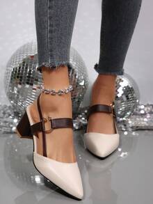 Beige Pointed Toe High Heel Mules With Buckle Strap And Hollow-Out Design, Elegant Office Slip-On Casual High Heel Pumps - Beige - View 4