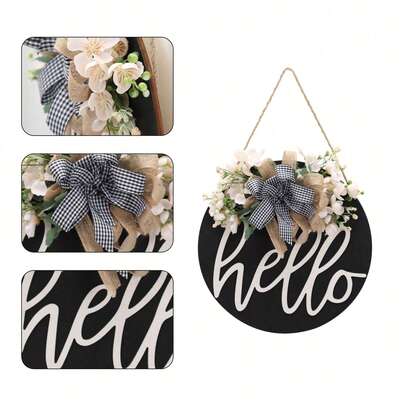 Round Wooden "Hello" Sign, Hanging Front Door Porch Decor For Spring