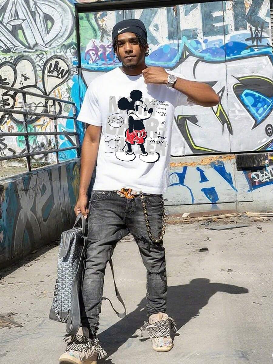 Disney Camiseta de algodón puro de verano casual y versátil con estampado de Mickey, adecuada para cualquier lugar - Blanco - Ver 1