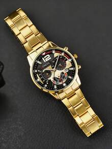 Fashionable Gold Quartz Watch With Calendar Function, Steel Strap, Suitable For Daily Wear, Music Festivals, Parties, A Great Birthday Gift Set With Bracelet, Necklace And Ring - Gold - View 5