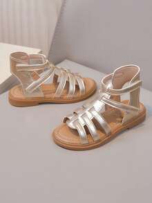 1 Pair Girls Fashion New High-Top Flat Princess Roman Sandals, Non-Slip Infant Casual Sandals, Versatile Children Beach Shoes, Suitable For Summer - Gold - View 7