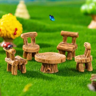 5件套迷你椅子套装，主题树脂人偶系列/户外座椅，适用于娃娃屋、模型屋、汽车内饰和花园派对，DIY工艺装饰。这款迷你木桌椅套装是任何微缩景观的迷人中心装饰品，其设计模仿了手工木材的质朴魅力。
