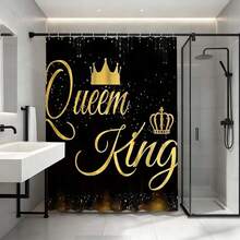 奢华黑金国王和王后皇冠图案浴帘，防水防霉涤纶材质，现代时尚浴室装饰配件，带挂钩，加厚隐私帘，适用于淋浴房和浴缸，易于安装、清洁、快干，时尚皇家图案，不褪色防水，必备浴室配件 - 黑黃 - 查看 3