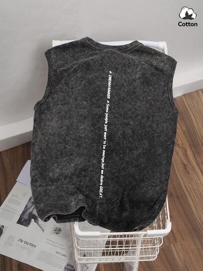 Koszulka bez rękawów męska Hemo Summer Street Style Graphic Plus Size, sprana, czarna, luźna, swobodna, do noszenia na co dzień