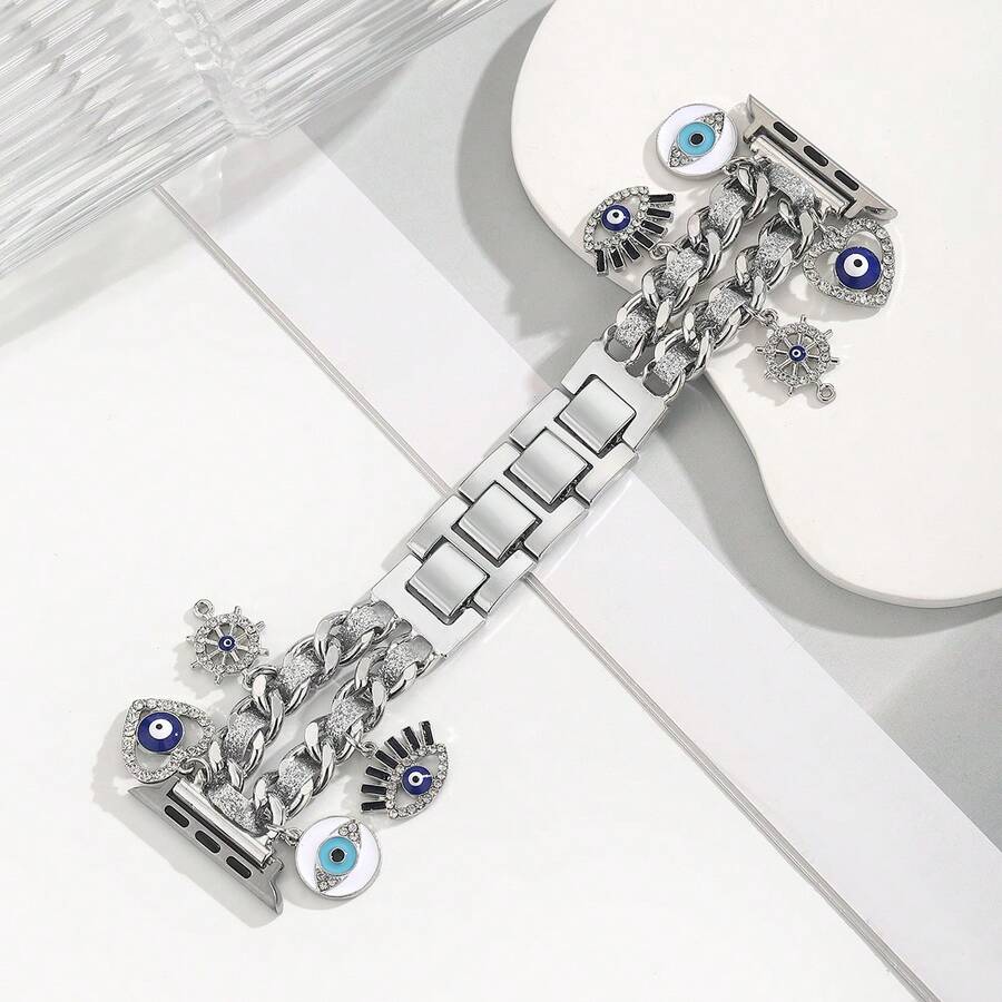 1pc Gold Metal Double Chain Adjustable Watch Band Strap Suitable For Ultra2 1 SE S9 8 7 6 5 4 3 2 Watches, 38mm/40mm/41mm/42mm/44mm/45mm/49mm (Watch Not Included) - Silver - View 1