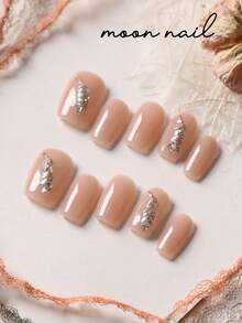 10 piezas Uñas postizas de color piel con diamantes y hojas brillantes, suministros de uñas postizas, uñas cortas falsas, kit de uñas artificiales que incluye 1 hoja de pegatinas adhesivas y 1 lima mini - Multicolor - Ver 2