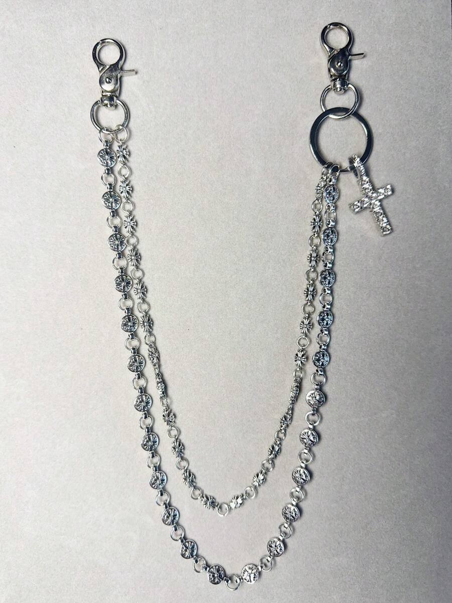 Cross Rhinestone Pant Chain, Lobster Clasp Waist Chain, Wallet Chain, Retro Chain, Double-Layer Chain, Hip-Hop Punk, Jeans Chain, Pocket Chain, Men's Keychain, Multi-Element - Ancient Silver - View 1