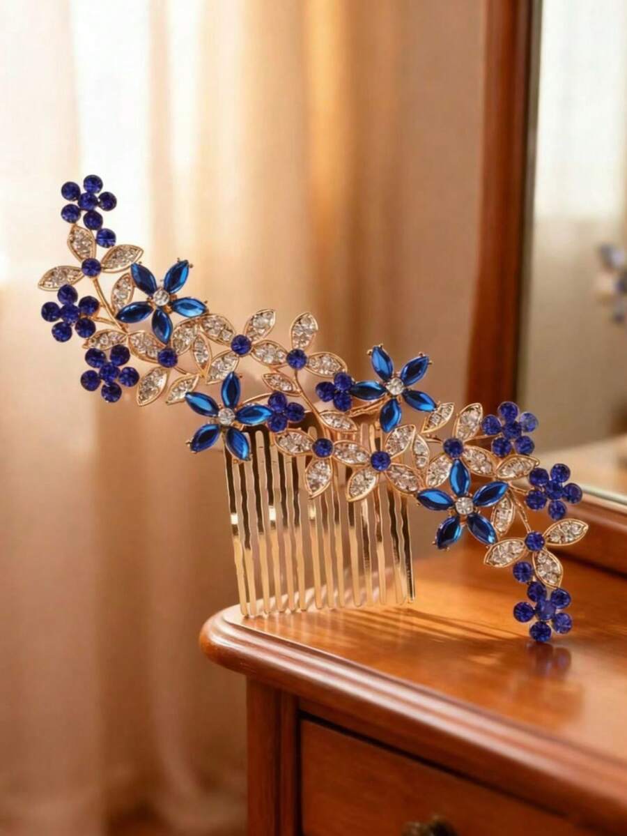 1 pieza Peineta de lujo con flores de strass para mujer, Peinetas, Peineta - azul real - Ver 1