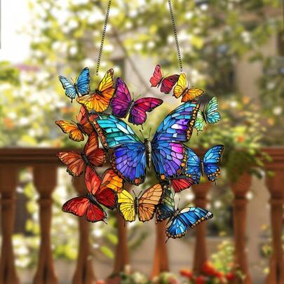 2D平面，色彩鲜艳的网格蝴蝶捕手 - 亚克力吊坠，花园和蓝天设计，非常适合家居、办公室、花园 - 完美的乔迁或新年礼物