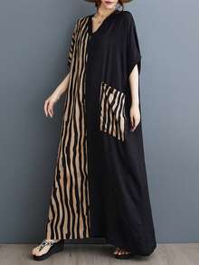 AZAH Vestido suelto de línea A a rayas para mujer talla grande con bolsillos, mangas cortas de murciélago, vestido bohemio casual de vacaciones de playa elegante negro verano 2026 - Negro - Ver 4