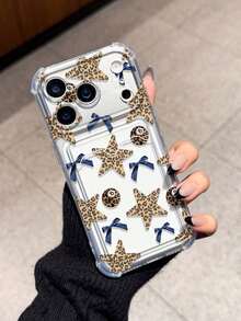 Funda de teléfono a prueba de golpes con ranura para tarjeta, estampado de leopardo, estrella, lazo azul minimalista, compatible con Apple 17/16/14 Pro Max, nuevo modelo de alta calidad compatible con iPhone 13, 15, 12/12 Pro, 11, 15 Pro Max, 16 - transparente - Ver 3