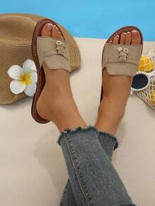 卡其色露趾平底拖鞋，金屬流蘇裝飾，優雅休閒夏季新款女式平底涼鞋，度假必備 - 卡其色 - 查看 4