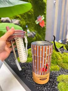 1pc New High-Capacity Stainless Steel Insulated Water Bottle, Large Capacity Stylish Tumbler With Handle & Straw - Multicolor - View 4