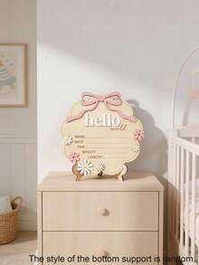 1pc "Hello World" Wooden Sign With Pink Bow, Cloud Shaped Floral Date Time Weight Length Board, Suitable For Room Photography Props - 1PC - View 3