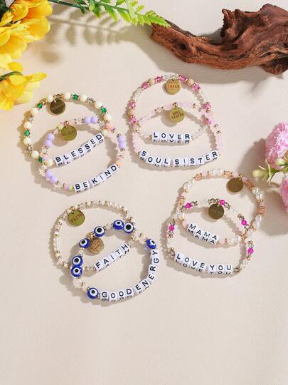 时尚仿珍珠水晶彩色字母眼睛串珠手链，适合女孩佩戴，可爱友谊手链配饰，珠宝派对礼物