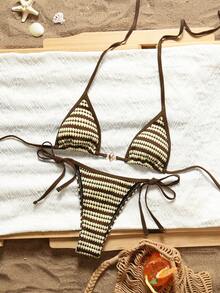 2pcs Women's Striped Sexy Backless Tie-Up Bikini Swimwear, Beach Vacation Summer - Maroon - View 7