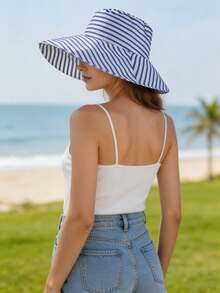 1pc Foldable Striped Bucket Hat, Large Brim Sun Hat For Summer UV Protection, Retro Fashionable Versatile Wide Brim Cap - Striped Hat - View 5