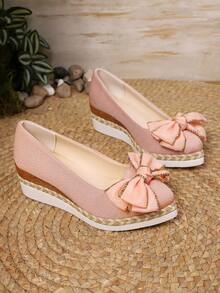 优雅甜美坡跟一脚蹬女鞋，低鞋面蝴蝶结亚麻休闲时尚鞋，适合春秋季户外穿着 - 粉色 - 查看 6