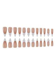 24pcs Long Pointed Nail Stickers, Elegant Butterfly & Pearl Design, Versatile For Daily Wear, Wedding & Party, Includes 1 Nail File - White - View 2