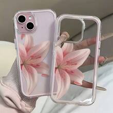 花朵图案 1 件装 粉色边框 透明极简镜头保护 防摔防撞 精致粉色兰花芙蓉图案手机壳，可个性化定制，兼容 16 Pro Max、17/16/15/14 Plus/13/12/11、Air - 彩色 - 查看 1