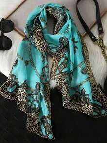 1pc Women's Elegant & Fashionable All-Season Classic Leopard & Floral Print Chiffon Scarf, Breathable Thin Scarf/Hijab/Shawl, Versatile For Daily Wear - Màu xanh Cadet - Xem 3