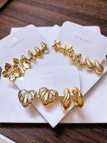 2-8 pares de pendientes dorados con relieve para mujeres, que golpean directamente el punto estético - patrón de concha, flores retorcidas, pliegues metálicos, cada par viene con un filtro lujoso... Excelente calidad, que combina bien con abrigos y suéteres, de moda y versátil - Dorado - Ver 6