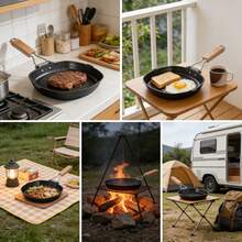 Juego de sartenes cuadradas antiadherentes para parrilla con mango de madera, sartén plegable y portátil para filetes, sartén apilable acanalada para asar filetes, tocino y carnes, sartén universal para barbacoa de interior compatible con estufas de gas, inducción y eléctricas. - Ver 4