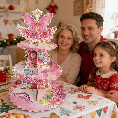 15.94-Inch Three-Tier Birthday Party Dessert Stand, Children's Birthday Decoration Display Rack, Party Decoration Cake Stand, Festive Party Creative Cake Plate, Non-Food-Contact Festive Dessert, Jam, And Christmas Decoration Tray