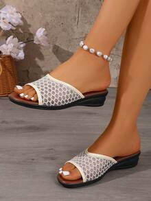 Fashionable Minimalist Breathable Hollow-Out Slip-On Wedge Sandals, Versatile For Summer Beach Vacation Wear With Dresses - White - View 4