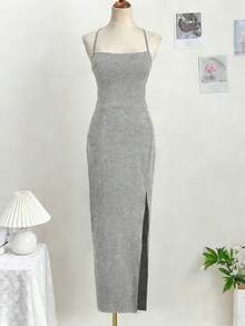 大码纯色吊带露背褶皱高开衩长裙，性感派对礼服，适合高中毕业舞会和夏季度假，优雅迷人。 - 淺灰色 - 查看 5