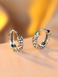 1 Pair S925 Sterling Silver Starry Sky & Sea Earrings, Unique Textured Floral Pattern, Fashionable Artistic Street Style Punk Earrings For Pierced Ears - Star - View 5