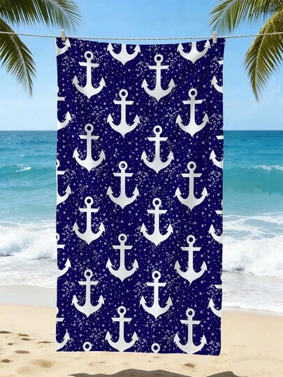1pc Vertical Stripe Paired With White Anchor Pattern Beach Towel, Ultra-Fine Fiber Bath Towel, Lightweight, Absorbent, Quick Drying, Summer Beach Anti Sand Towel, Oversized Swimming Pool Towel, Very Suitable For Summer Beach, Swimming, Fitness, Camping, Yoga