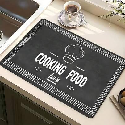 1pc Kitchen Counter Cooking Food Letter Pattern Absorbent Non-Slip Mat, Heat Resistant Pad For Coffee Bar Decoration, Home Dining Table Decor