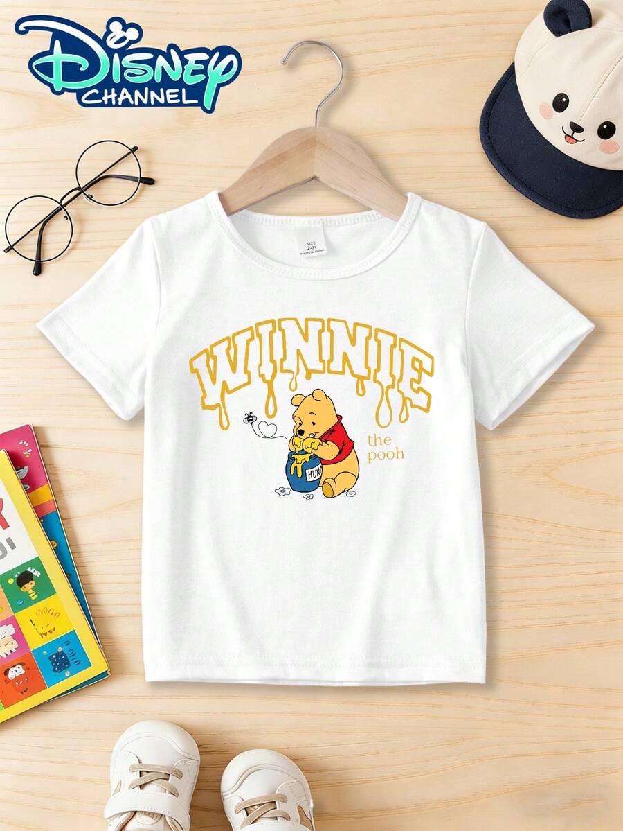 Disney Winnie The Pooh Holding Honey Pot Printed Pattern - Infant And Toddler T-Shirt Design Short-Sleeved Casual Style Cute Style Comfortable And Loose Fit Suitable For Young Children Perfect For Parties And Play Occasions Machine Washable - 白色 - 查看 1