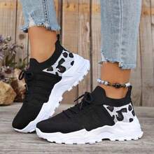 Fashion Leopard Print Lace-Up Trainers. Lightweight Mesh, Cushioned Sole And Flexible Design, Comfy For Gym, Walking And Everyday Casual Wear. - Black - View 2