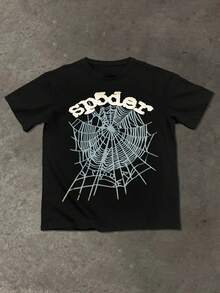 Spider Graphic Tee, (220g  100 Percent Cotton T-Shirt), Inner Clothing T-Shirt Fashionable Men's And Woman Cotton T-Shirt, A Perfect Surprise Gift For Family And Friends, Men's Shirts, Men's Summer T-Shirt, Holiday Gift, Ideal Present. - 黑色 - 查看 1