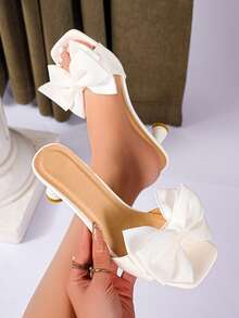 女士白色高跟凉鞋，新款夏季时尚百搭西部风格婚礼蝴蝶结新娘凉鞋，米色蝴蝶结凉鞋 - 白色 - 查看 4