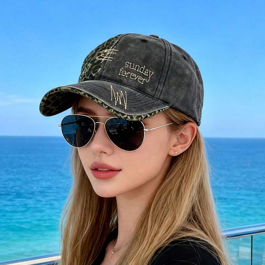 1pc New Retro American Leopard Print Letter Embroidery Baseball Cap, Street Fashion Stylish Petite Women Cap - A - View 1