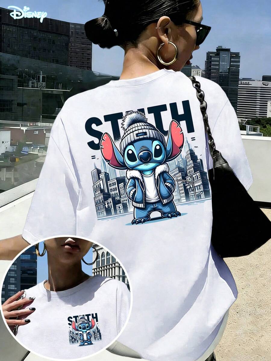 Disney Urban Cool Stitch T-Shirt: White Oversized Cotton Tee With Streetwear Style Graphic, Perfect For Lilo & Stitch Fans, Casual Wear And Gift - 白色 - 查看 1