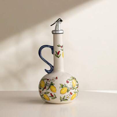 Franks Exhibition Underglaze Handpainted Green Ceramic Olive Oil Bottle, Leak-Proof Household Kitchen Soy Sauce Vinegar Seasoning Bottle